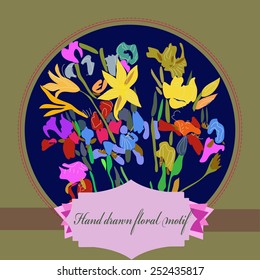 Card with hand drawn floral motif, lily, irises, label on a dark blue   background and frame.