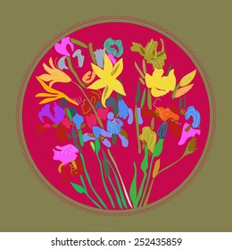 Card with hand drawn floral motif, lily, irises on a rosy background and pale frame.