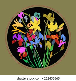 Card with hand drawn floral motif, lily, irises on a black  background and frame.