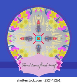 Card with hand drawn floral motif, star, label on a  gradient gray  background and  blue frame.