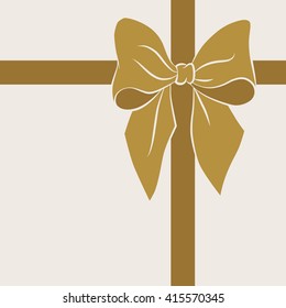 Card with hand drawn gold bow on light background. Vector illustration.