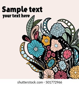 Card with hand drawn herbs and flowers. Doodle floral illustration with place for your text. Botany template for your design