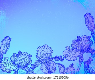 Card with hand drawn iris flowers on abstract blue watercolour background. Template for spa promotion, flower shop gift card, soap package, spring sale coupon, perfume box design, wedding invitation