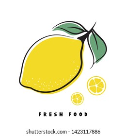 Card of hand drawn lemon fruit and text – Fresh food. Nature vector illustration. Creative tropical sketch art. 