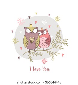 card with hand drawn owls with flowers.I love you