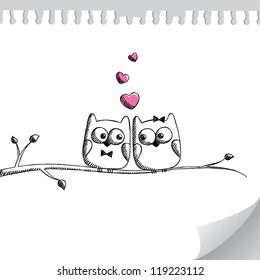 card with hand drawn owls on paper page