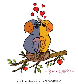 Card with hand drawn parrots in nest. Valentine's Day illustration