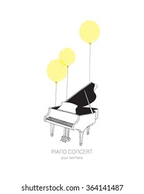 Card with hand drawn piano and balloons. Vector illustration.