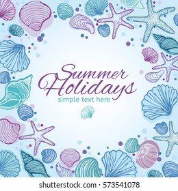Card with hand drawn seashells. Layout design for postcard, decorative banner. Vector illustration. 