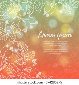 Card with hand drawn silhouette of branches, leaves and hips berries. Place for your text. Perfect for greetings, invitations, save the date, wedding card, announcement, web design.