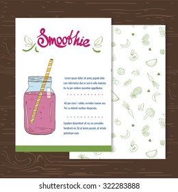 Card with hand drawn smoothie in a jar and place for text and seamless pattern with fruits