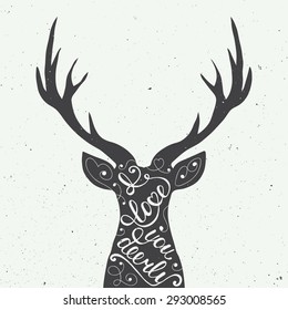 Card with hand drawn typography design element and deer for greeting cards, posters and print. I love you deerly isolated on white background in vintage style