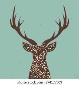 Card with hand drawn typography design element and deer for greeting cards, posters and print. I love you deerly on blue background in vintage style