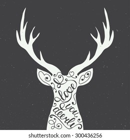 Card with hand drawn typography design element and deer for greeting cards, posters and print. I love you deerly isolated on dark background in vintage style