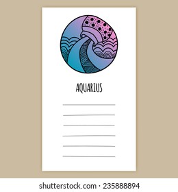 Card with Hand Drawn Vector Horoscope Aquarius Sign Illustration.