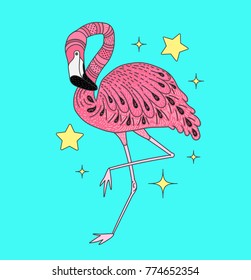 Card with hand drawn vector pink flamingo. Doodle elements