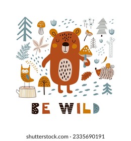 Card  with hand drawn wild forest animals. Be wild. Vector illustrations