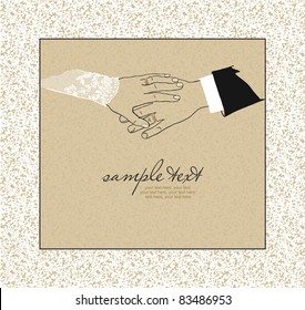 card with hand of the groom and the bride with wedding rings