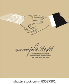 card with hand of the groom and the bride with wedding rings