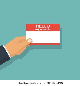 Card in hand. Hello my name is. Template for presentation. Personal Identify card hold in hand businessman. Vector illustration flat design. Isolated on white background. Blank text.