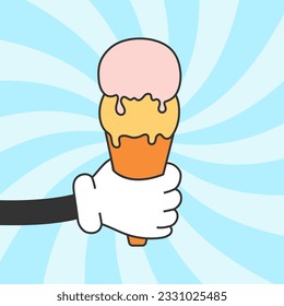 Card with hand holding ice cream in y2k groovy style. Cartoon style design in trendy retro style. Vector illustration