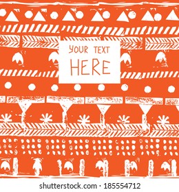 Card with Hand made  Rubber Stamp Brushes. Abstract ethnic pattern in style of primitive culture. Vector 