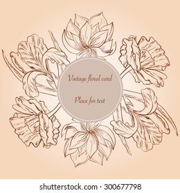 Card with hand painted sketch flowers and place for text. Vector illustration.