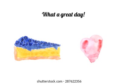 Card with hand painted watercolor cheesecake and heart. Isolated on white background. Vector illustration.