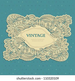 Card with hand-drawn lace frame on seamless polska-dot background.