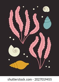 Tarjeta de algas, conchas y burbujas dibujadas a mano. Concepto de flora y fauna oceánicas, vida marina y submarina, verano. Ilustración vectorial de color, aislada en negro.
