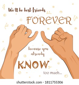 A card with hands of two people making friends. Vector illustration with bright background and a quote. 