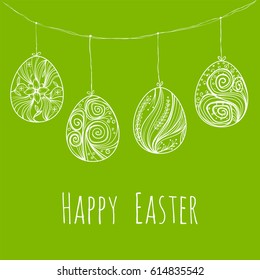 Card with hanging Easter eggs. Handdrawn decorative elements in vector.
