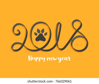 Card for Happy 2018 New Year with dog paw. Vector Illustration.