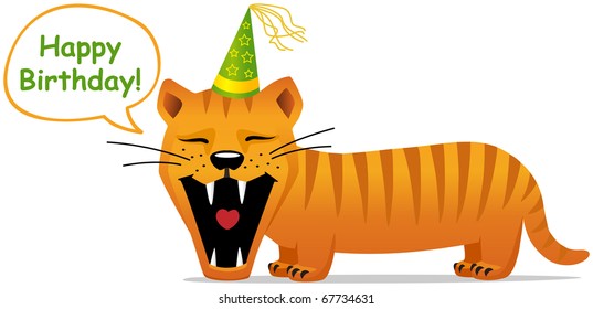Card with happy birthday balloon and  smiling cat in party cap