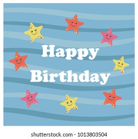 card happy birthday of cute marine elements for cards and stickers. Marine theme design. Vector illustration