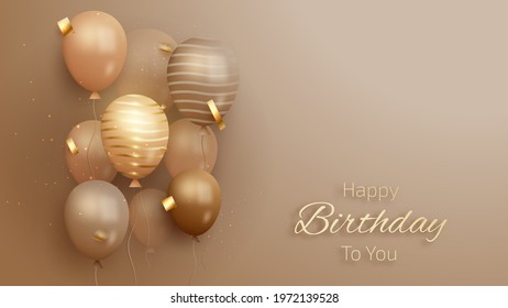 Card happy birthday with luxury balloons and ribbon. 3d realistic style. vector illustration for design.