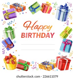 Card Happy Birthday. square frame of gifts. watercolor. watercolor. Vector watercolor.