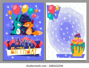 Card happy birthday in style flat! Cartoon Fox  and Hare Congratulate on holiday. Cake and balloons. Place for your text. Colorful hand drawn vector stock illustration