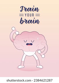 Card Happy Brain Doing Exercise with Dumbbells on Pink Background. Modern Flat Vector Illustration. Train Your Brain. Social Media Template.