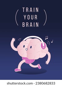 Card Happy Brain Run with headphones on Dark Background. Modern Flat Vector Illustration. Train Your Brain. Social Media Template.