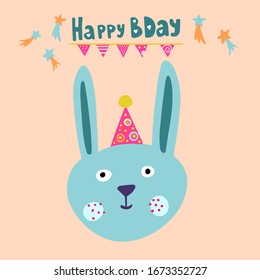 Card: happy bunny celebrates birthday. cute rabbit, picture for baby clothes