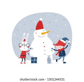 Card with happy bunny, fox and snowman: Happy New Year. Vector illustration in red and blue for Christmas posters, cards, gift tags.  In red and blue colours.