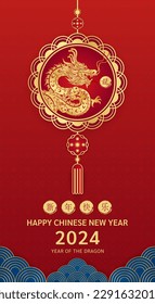 Card Happy Chinese New Year 2024. Pendant chinese dragon gold zodiac sign on red background. China lunar calendar animal. (Translation : happy new year 2024, dragon) Vector EPS10.