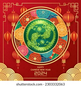 Card Happy Chinese New Year 2024. Two dragon zodiac gold yin yang inside jade green on red background with lanterns and flower. vector illustration.