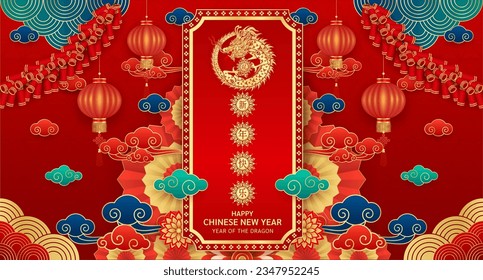 Card Happy Chinese New Year 2024. Two dragon zodiac gold on red background with lanterns, cloud and flower. Translation happy new year, Dragon. Vector illustration.