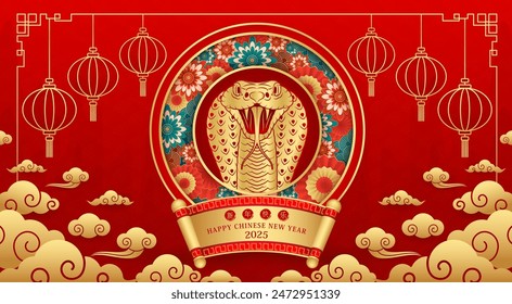 Card Happy Chinese New Year 2025. Snake gold zodiac sign on red background with flower cloud and lantern for banner design. China lunar calendar animal. Translation happy new year 2025. Vector.