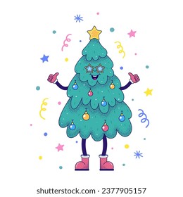 Card with happy Christmas tree in cartoon style on white background.