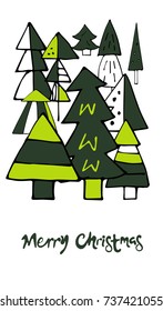 Card happy Christmas with Christmas trees and  lettering. - Stock vector