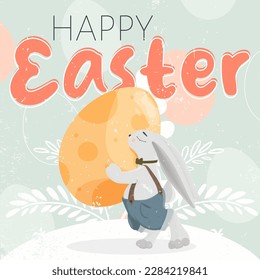 Сongratulation card Happy easter. Bunny carries an easter egg. Pastele colors. egg pattern on the background. floral details on the backdrop. text happy easter 