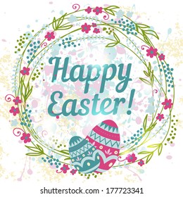 Card Happy Easter with easter eggs. Floral frame, bokeh and lights.